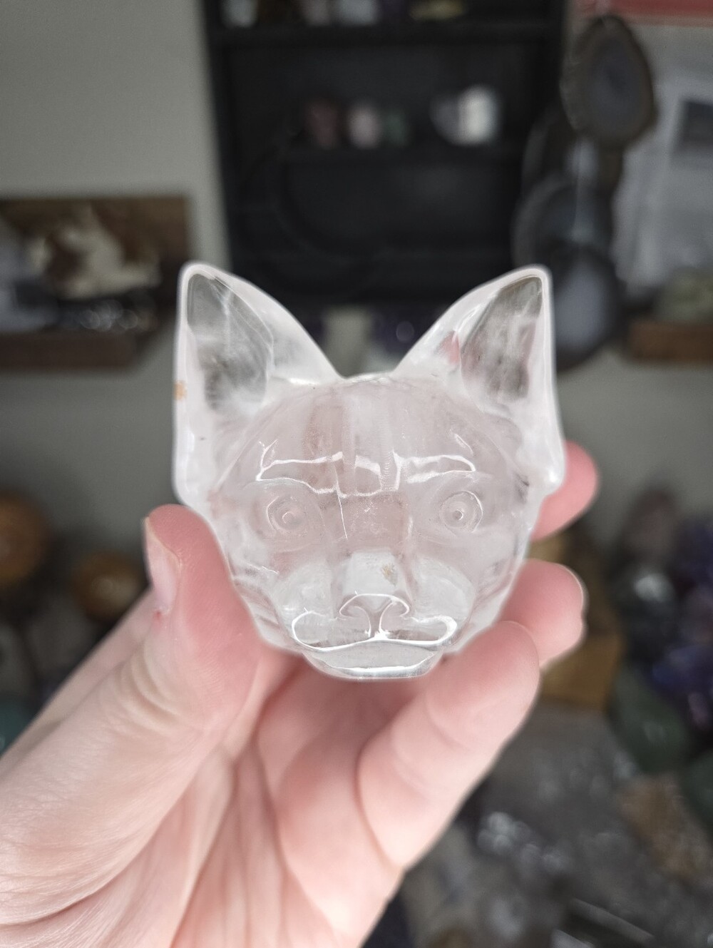HQ Clear Quartz Sphynx Hairless Cat Head Crystal Carving